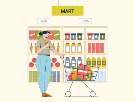Woman shopping in the supermarket. Vector illustration in flat style. Shopping concept.のイラスト素材