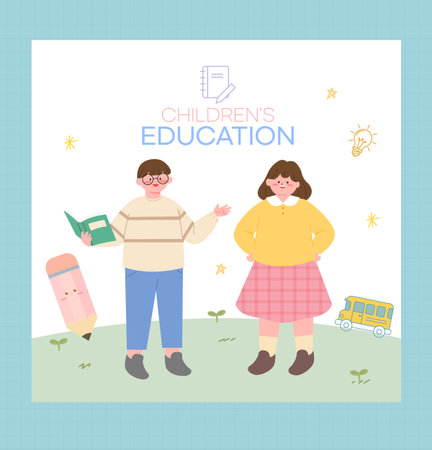 Back to school vector illustration. Cute boy and girl standing on the grass with books, pencils, eraser, lamp, globe and text.のイラスト素材