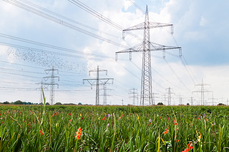 High-voltage Transmission Line under a Dramatic Cloudscapeの写真素材