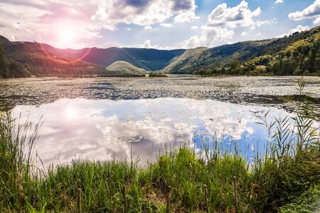 Sunset at the Lake Lago di Fimon near Vicenza in Italyの写真素材