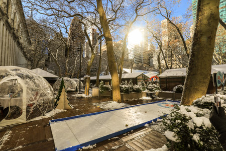 Snowy Winter in scene in Bryant Park Manhattan, New York City, USA at Christmas.の写真素材