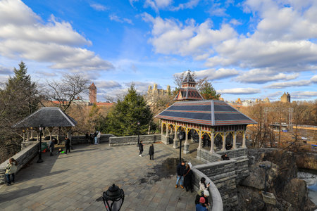 View of Central Park and cloudy blue sky from Belvedere Castle, Manhattanの写真素材