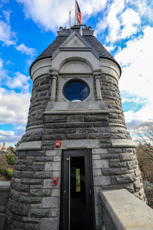 Low angle view of Belvedere Castle with cloudy blue sky in Central Park, Manhattan, New York