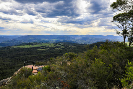Scenic view from Hargraves Lookout in the Blue Mountains overlooking Grose Valley with forested...