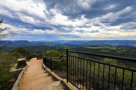 Scenic view from Hargraves Lookout in the Blue Mountains overlooking Grose Valley with forested...