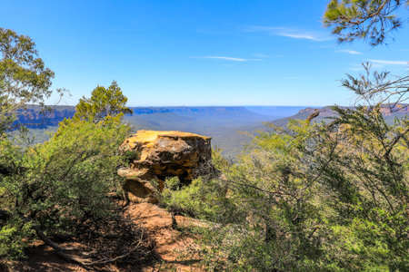 Scenic landscape view of Jamison Valley captured from Sublime Point lookout in the Blue Mountains showing forested valley, cliffs, and expansive wilderness terrain.の写真素材