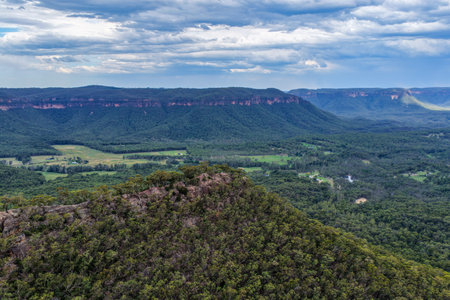 Aerial image of Hargraves Lookout in the Blue Mountains, NSW, Australia. The elevated drone...