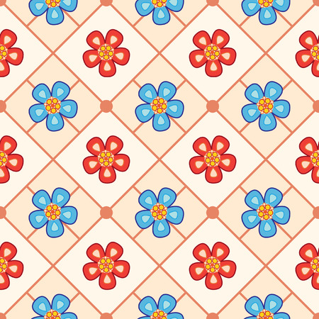 Seamless geometric pattern with red and blue flowers.のイラスト素材