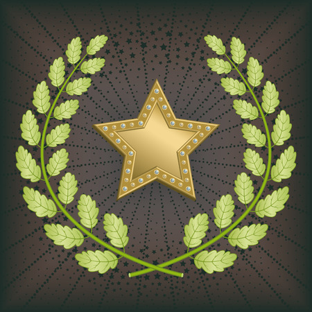 Star award with green oak wreath on black background.のイラスト素材