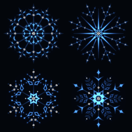 Set of blue sparkling snowflakes with diamonds.のイラスト素材