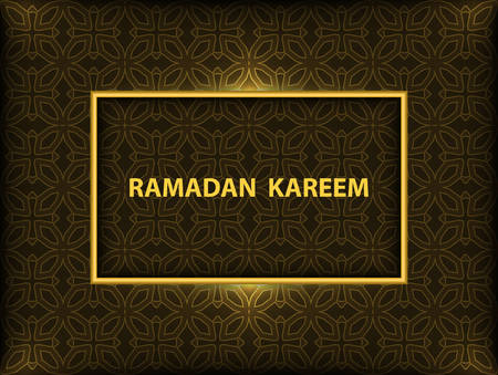 Ramadan Kareem greeting card with gold frame and pattern on black background.のイラスト素材