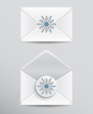 A set of opened and closed envelopes with snowflake seal isolated on white background.のイラスト素材