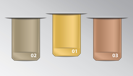 Set of rectangle stickers in horizontal slits with numbers in gold, silver and bronze colors for infographic.のイラスト素材
