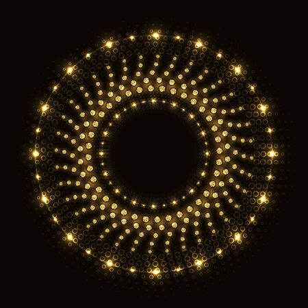 Shiny round abstract golden ring with lights and rhinestones on black background.のイラスト素材