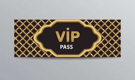 Black VIP admission ticket template with golden glittering VIP sign and square grid background.のイラスト素材