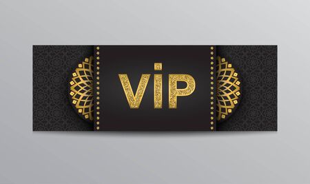 Vector black VIP admission ticket template with gold glittering VIP sign and mandalas on black pattern background.のイラスト素材