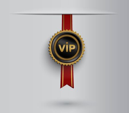 Vector black round badge with golden glittering VIP sign hanging on red ribbon. のイラスト素材