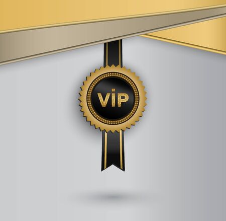 Vector black round badge with golden glittering VIP sign hanging on black ribbon. のイラスト素材