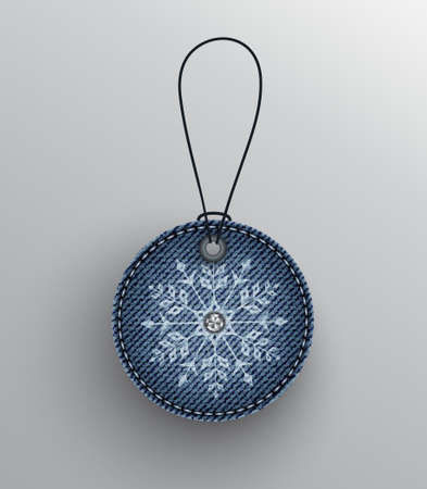 Blue denim round badge with cord and white snowflake with diamond.のイラスト素材