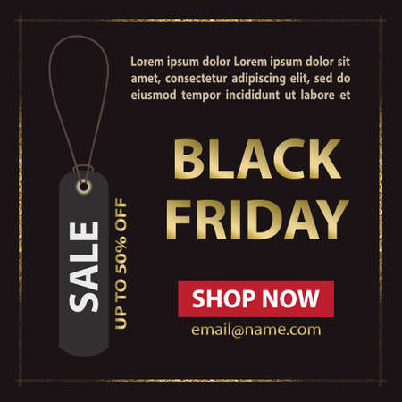 Vector square Black Friday banner with glittering elements and sale tag on black background.のイラスト素材