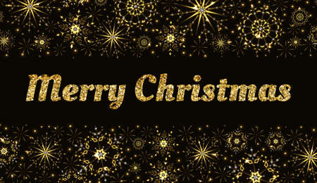 Vector golden glittering Merry Christmas lettering with borders with sparkling snowflakes and stars.のイラスト素材