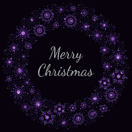 Vector abstract Christmas violet neon wreath with snowflakes and silver glittering traditional greeting on dark background.のイラスト素材