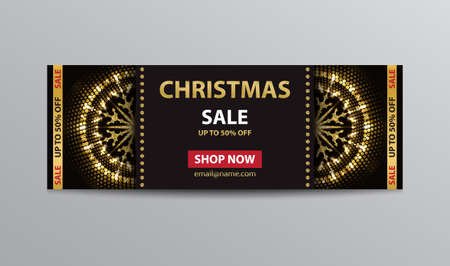 Vector black ticket template for Christmas sale with golden glittering abstract snowflakes.のイラスト素材