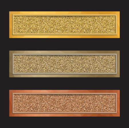 Set of vector banners with glittering backgrounds in golden, silver and bronze colors isolated on black.のイラスト素材