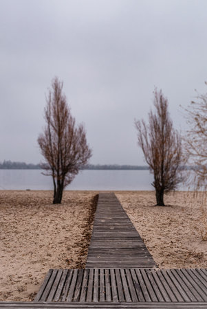 Wooden pathway on sand leading to waterfront river in leaving autumn overcast day.の写真素材