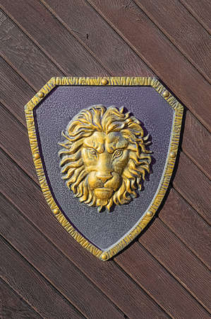 Metal frame with yellow painted lion decoration inside on wooden fence background.の写真素材