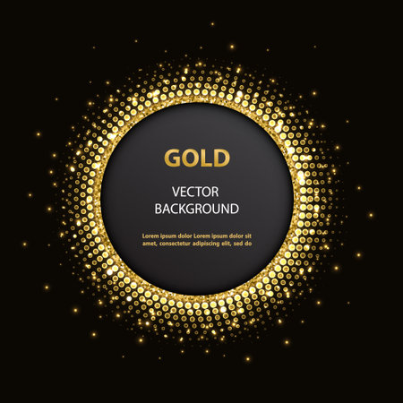 Abstract vector golden disk with lights and glittering elements on black background.のイラスト素材