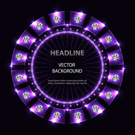 Vector abstract purple neon circle frame with silver spangles on black background.のイラスト素材