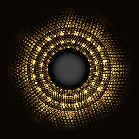 Vector abstract golden ring with halftone neon lights on black background.のイラスト素材