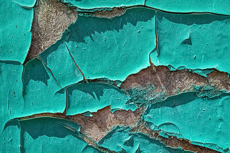 Weathered chipboard texture with green pieces of dry peeling paint.