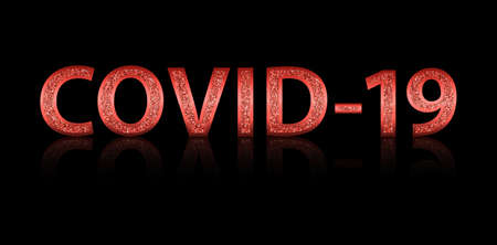 Vector red glittering COVID-19 lettering on black background.