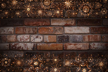 Christmas illustration with falling sparkling neon snowflake borders on brick wall background.