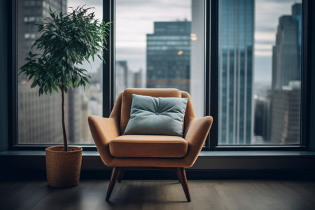 Armchair with pillow and plants in pots near window with cityscape.の素材