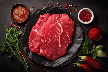 Top view of raw meat and spices ready for preparing.の素材