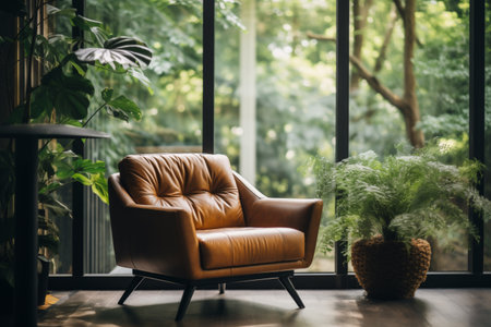 Armchair and plant in pot near window with view on summer park.の素材