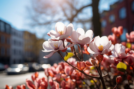 Spring white flowers on bush growing along city road.の素材