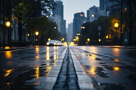 Wet road after rain in city in overcast weather.の素材