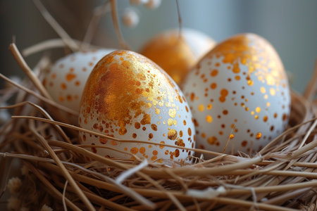 Easter eggs with golden glittering spots in nest.の素材