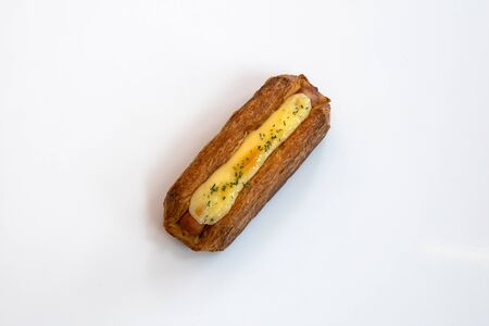 cheese sausage bread, meal, dessert. Topview.の写真素材