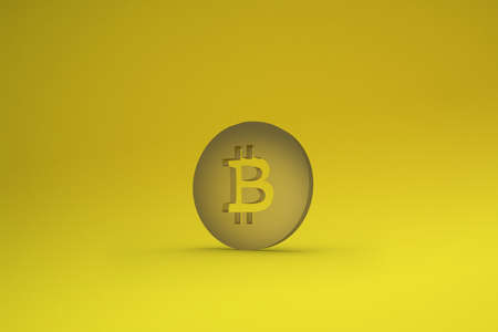 Bitcoin icon in yellow background.virtual currency. 3D rendering.の写真素材