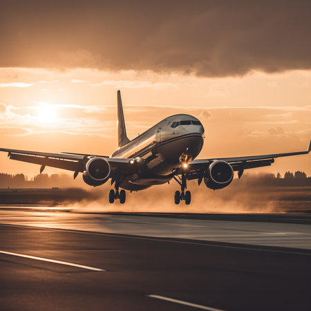 Passenger plane taking off from an airport runway at sunset. Generative AIの素材
