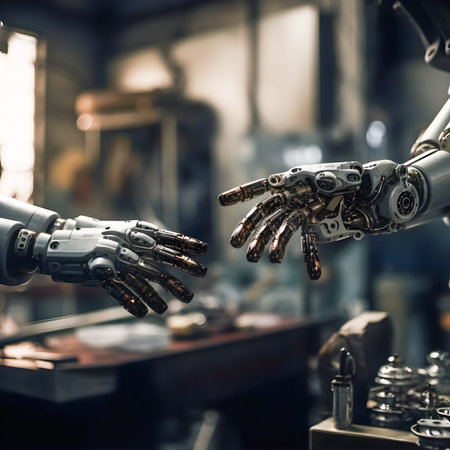 Two robotic hands trying to shake hands. Generative a.i.の素材