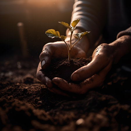 Hands of a man picking up soil from which a plant is born at sunset. Concept of mother nature. Earth Day. Generative AIの素材
