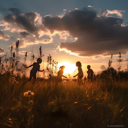 Silhouette of children playing in a meadow with flowers at sunset. Generative a.i.の素材