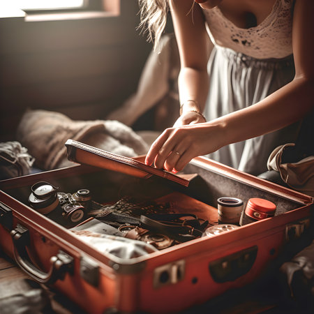 Woman in a room preparing a suitcase for a trip. Travel photos. Generative a.i.の素材