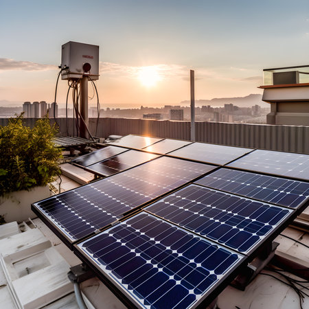 Solar energy panel on the roof of a building at sunset. Solar energy. Generative AIの素材
